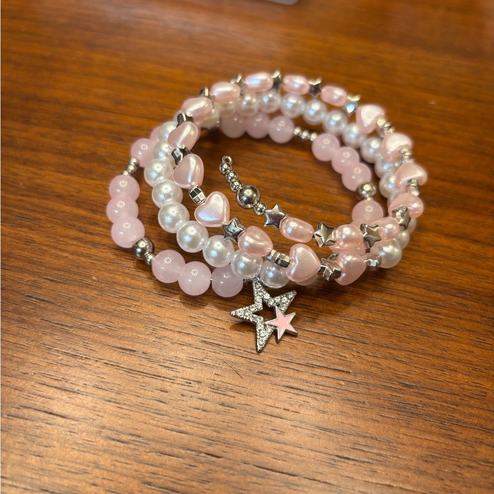 Pink Beaded Star heart Charm Bracelet Stack memory wire